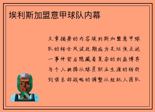 埃利斯加盟意甲球队内幕